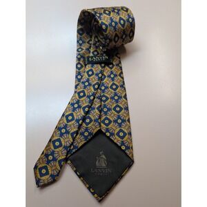 Lanvin Men's Silk Tie Designer Gold Blue Logo Print
